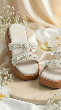 Bliss White Pearl Flatform Slide by Radiarte – Side View with Flowers