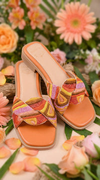 Gulnaar Orange Multicolour Twisted Strap Slide by Radiarte – Top View with Flowers