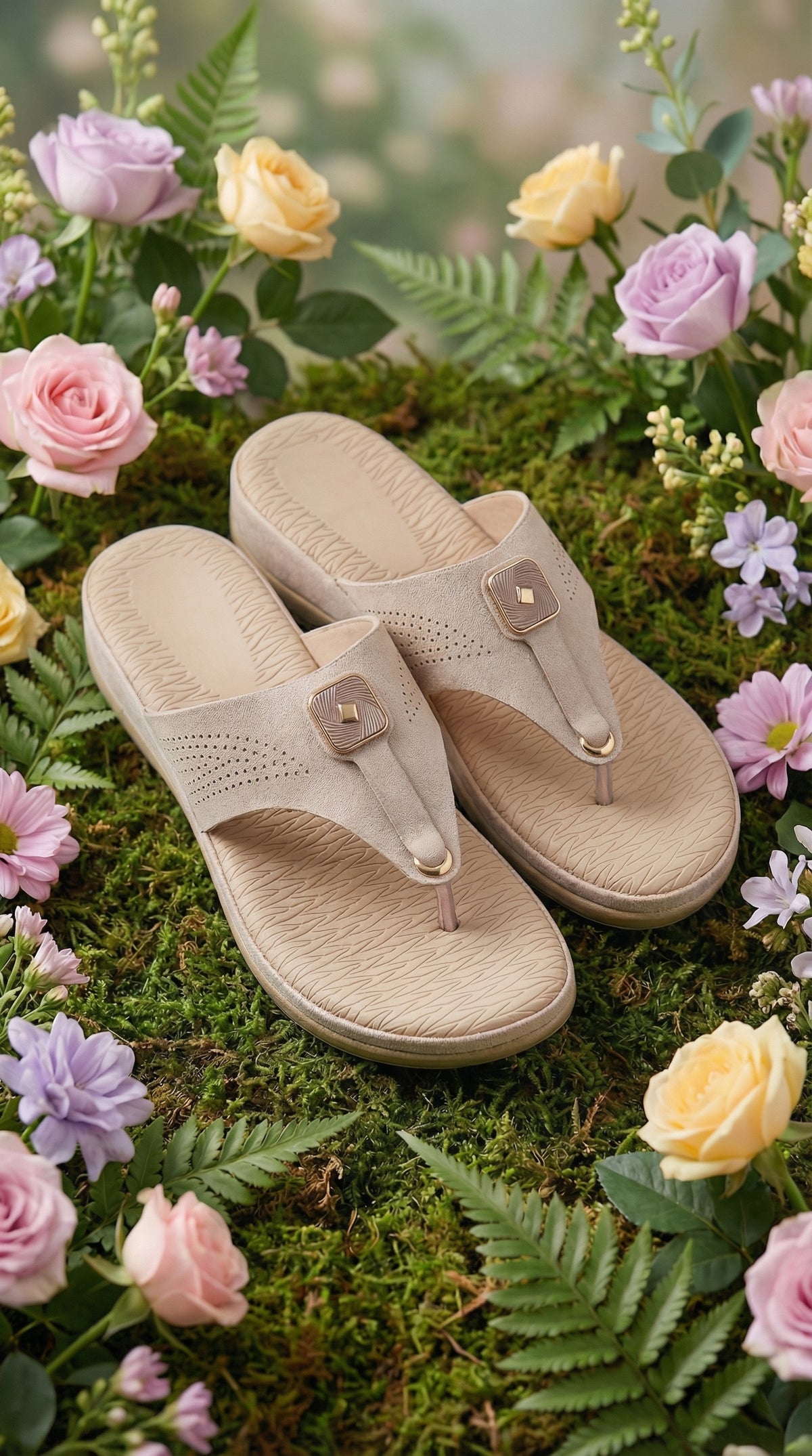 Cloudsoft Beige T-Strap Slide Sandal with Gold Hardware – Top View by Radiarte