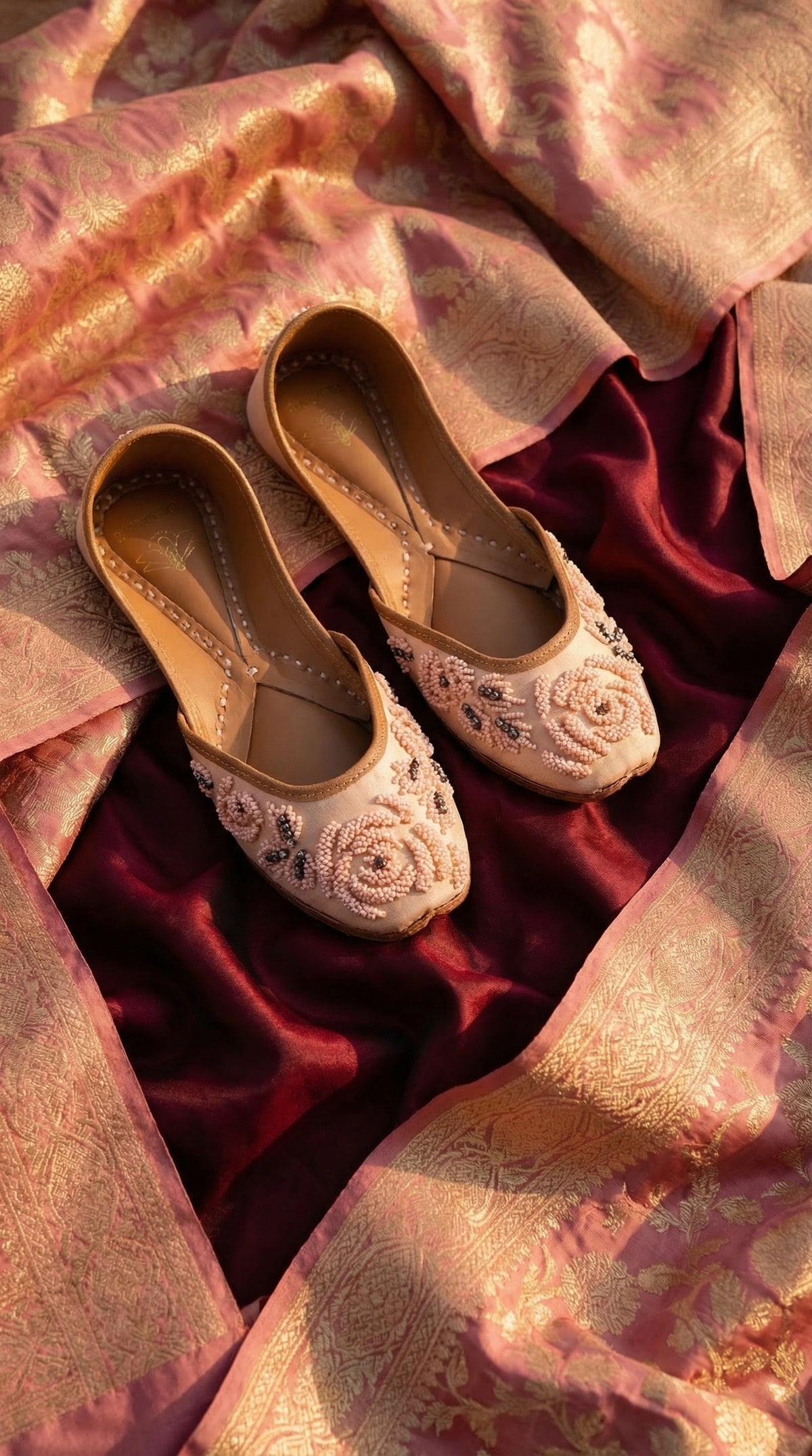 Gulroshan Pink Rose Bead Jutti – Top View on Maroon Silk by Radiarte