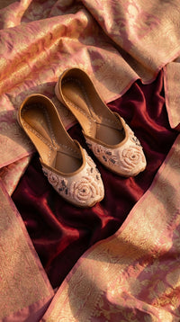 Gulroshan Pink Rose Bead Jutti – Top View on Maroon Silk by Radiarte