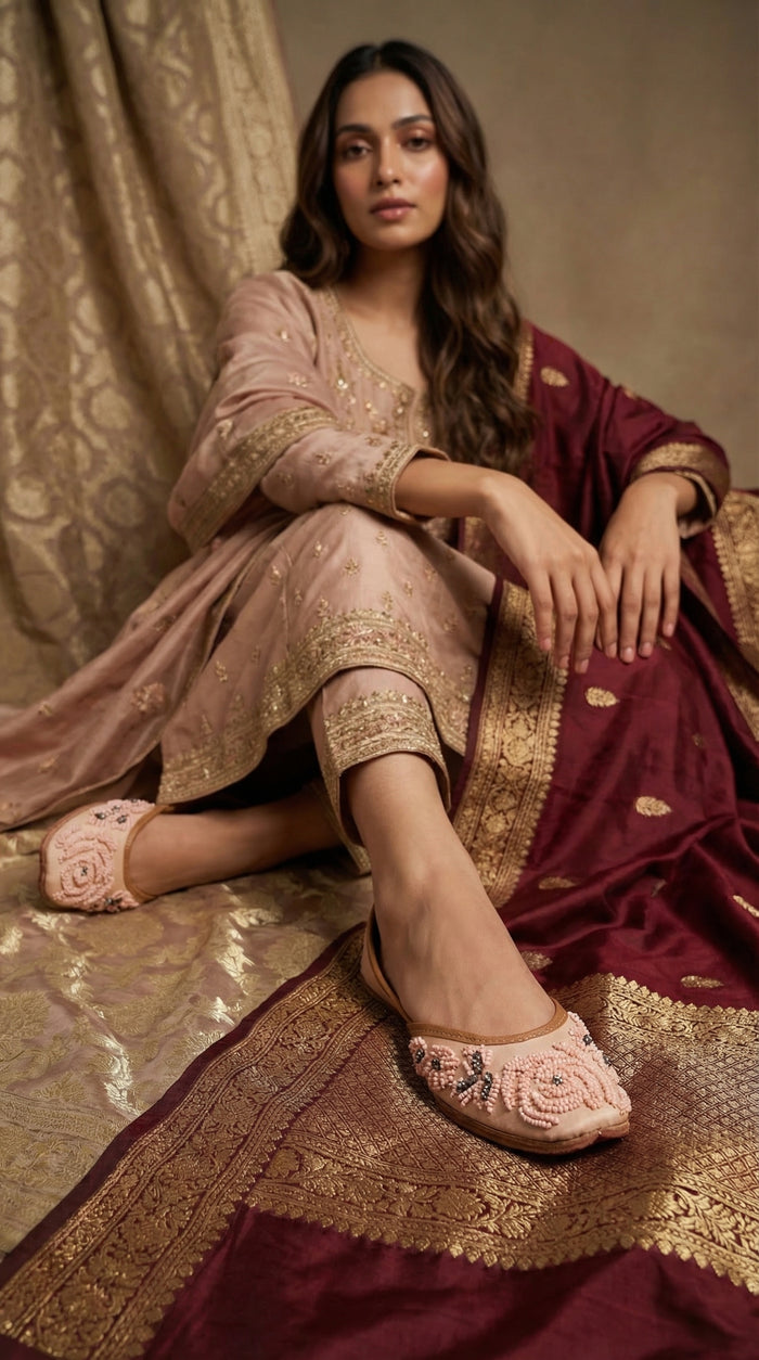 Gulroshan Blush Jutti worn with Rose Pink Kurta Set – Radiarte Bridal Footwear