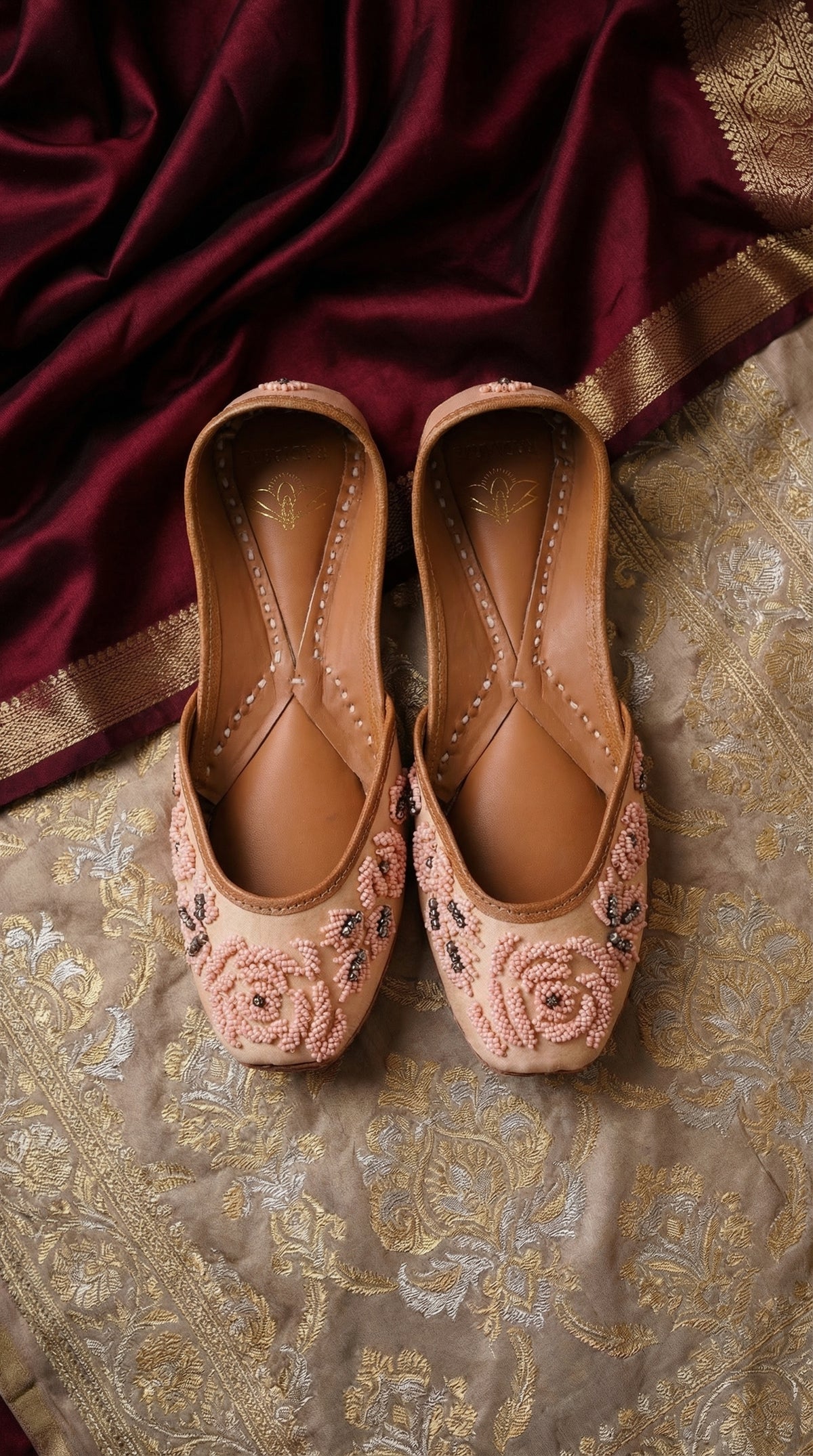 Gulroshan Blush Pink Rose Bead Jutti by Radiarte – Top View on Banarasi Silk