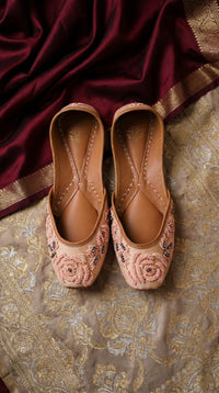 Gulroshan Blush Pink Rose Bead Jutti by Radiarte – Top View on Banarasi Silk