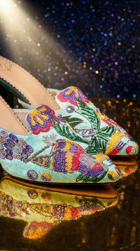 Close-up of multicolour floral hand embroidery sequins and beadwork on Rio mule heel – Radiarte