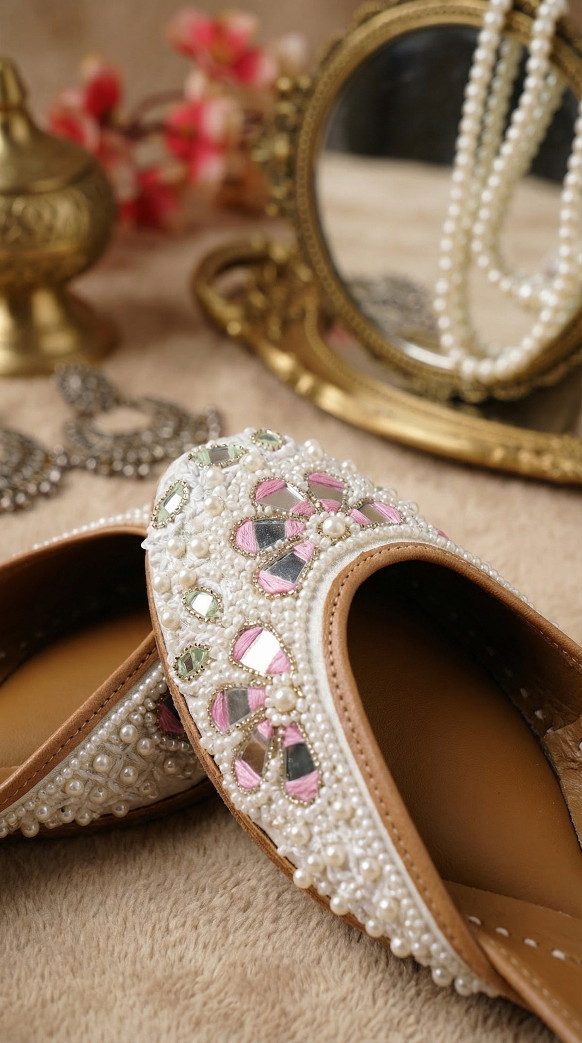 Aaina Pearl Mirror Jutti – Close Up Embroidery Detail by Radiarte