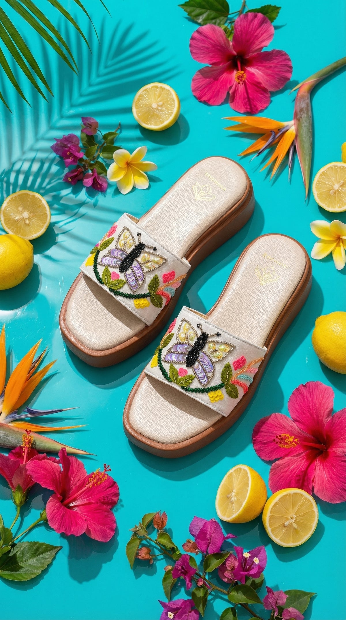 Titli white butterfly embroidered flatform slide by Radiarte – top view flat lay on teal surface with hibiscus and lemons