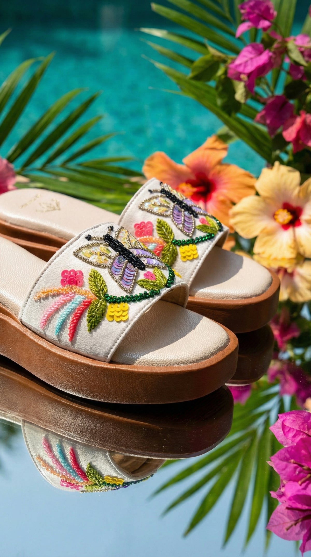 Titli handcrafted butterfly sequin flatform slide – side view by poolside with tropical flowers Radiarte