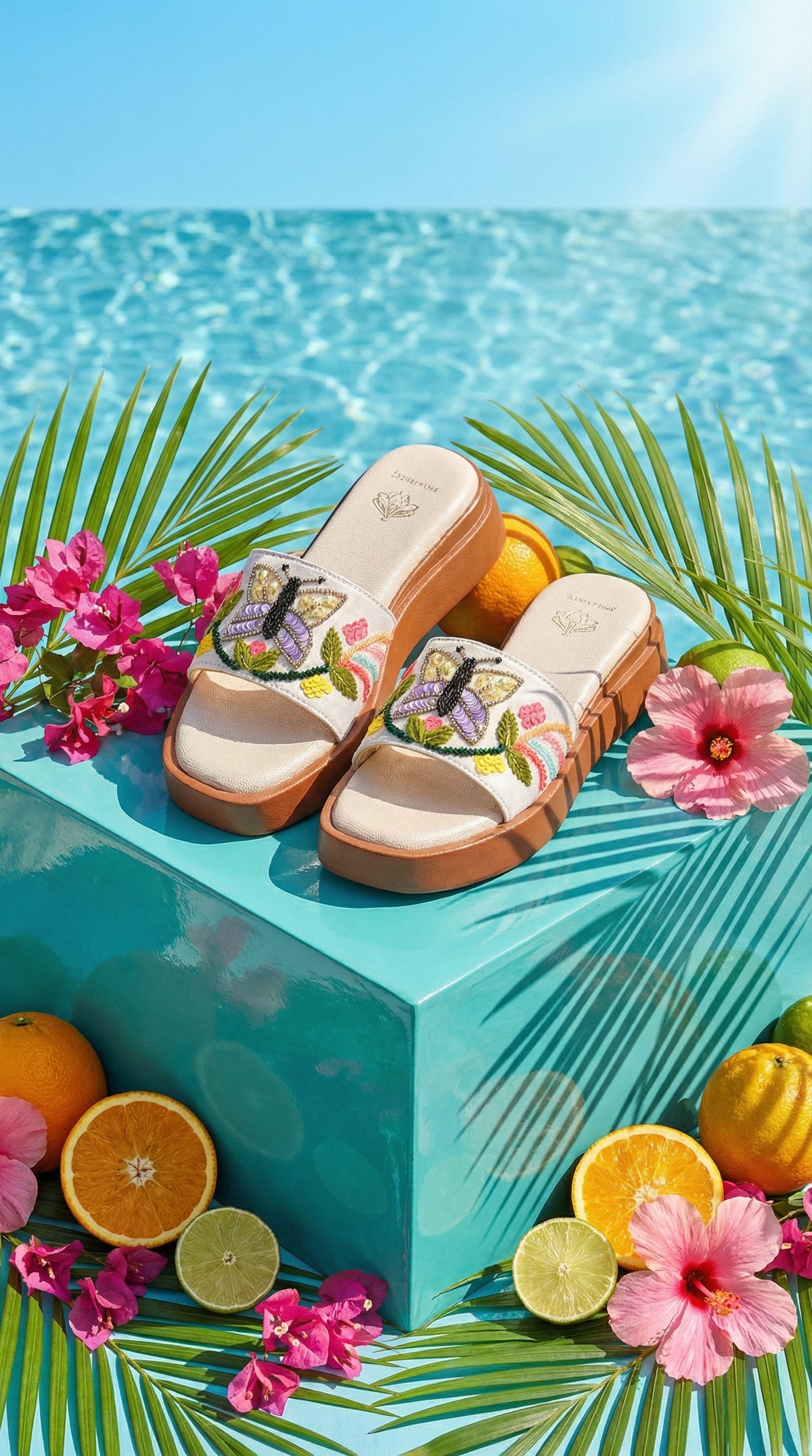 Titli white embroidered platform slide pair – display on teal block with ocean backdrop and citrus fruits Radiarte