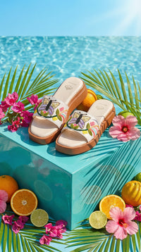 Titli white embroidered platform slide pair – display on teal block with ocean backdrop and citrus fruits Radiarte