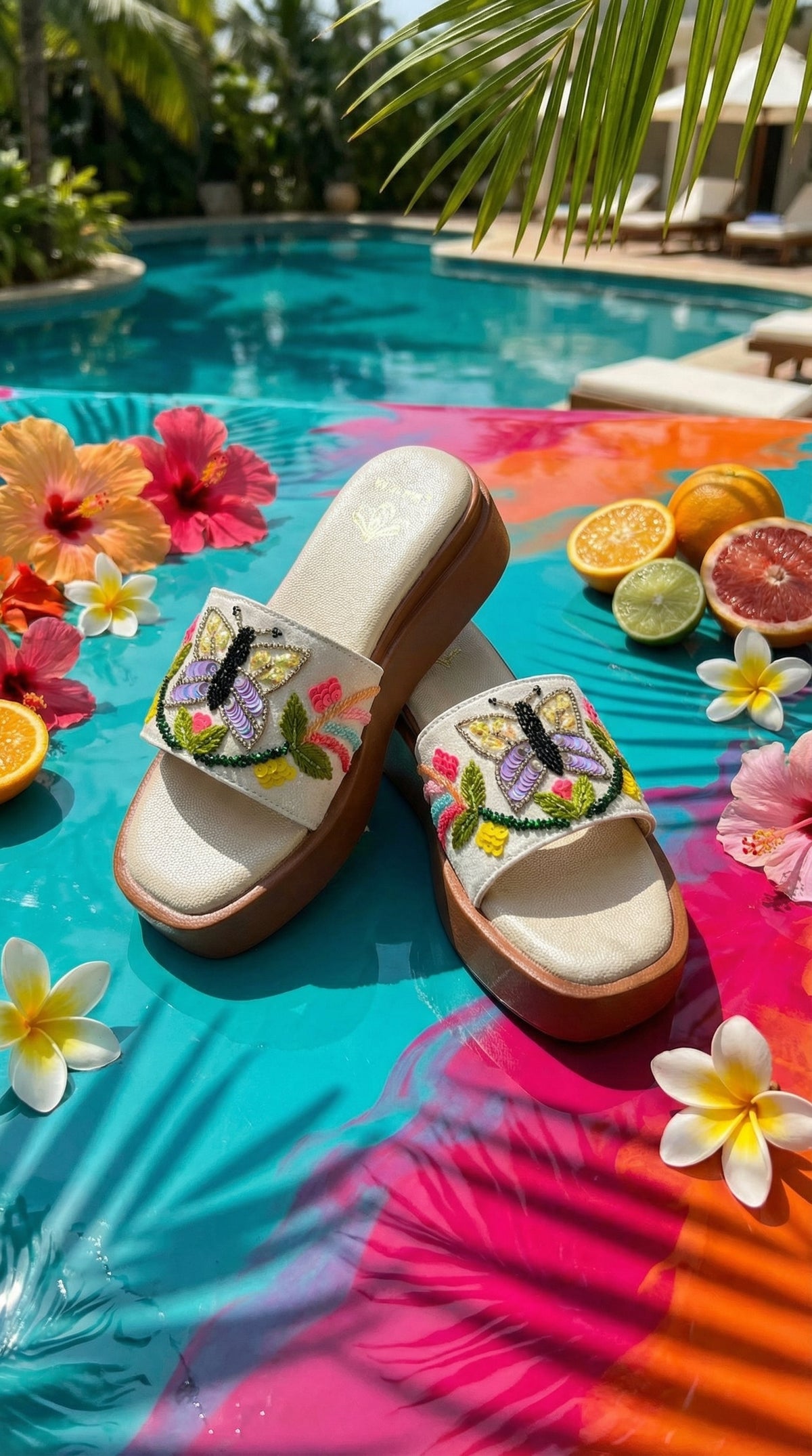Titli butterfly flatform slide pair – poolside float display with hibiscus plumeria and tropical fruits Radiarte