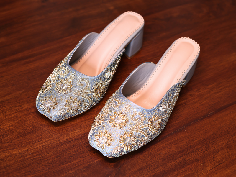 AABROO – Powder Blue Embroidered 2.5 Inch Heel Slides for Women