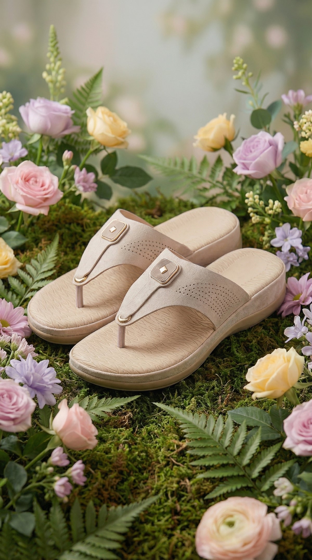 Cloudsoft Nude Comfort Slide – Front View with Flowers by Radiarte