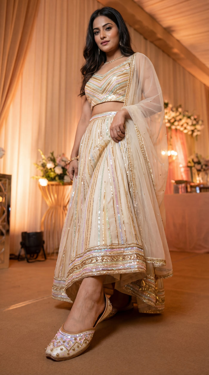 Noorani Ivory Iridescent Sequin Jutti worn with Cream Sequin Lehenga at Wedding Venue – Radiarte