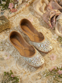 Noorani Pastel Sequin Zardozi Jutti – Top View on Gold Brocade with Baby's Breath by Radiarte