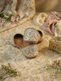 Noorani Ivory Bridal Jutti with Iridescent Sequins – Sole View Display with Gold Box by Radiarte