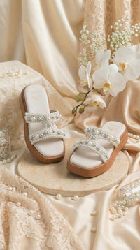 Bliss White Pearl Double Strap Flatform – Front View by Radiarte