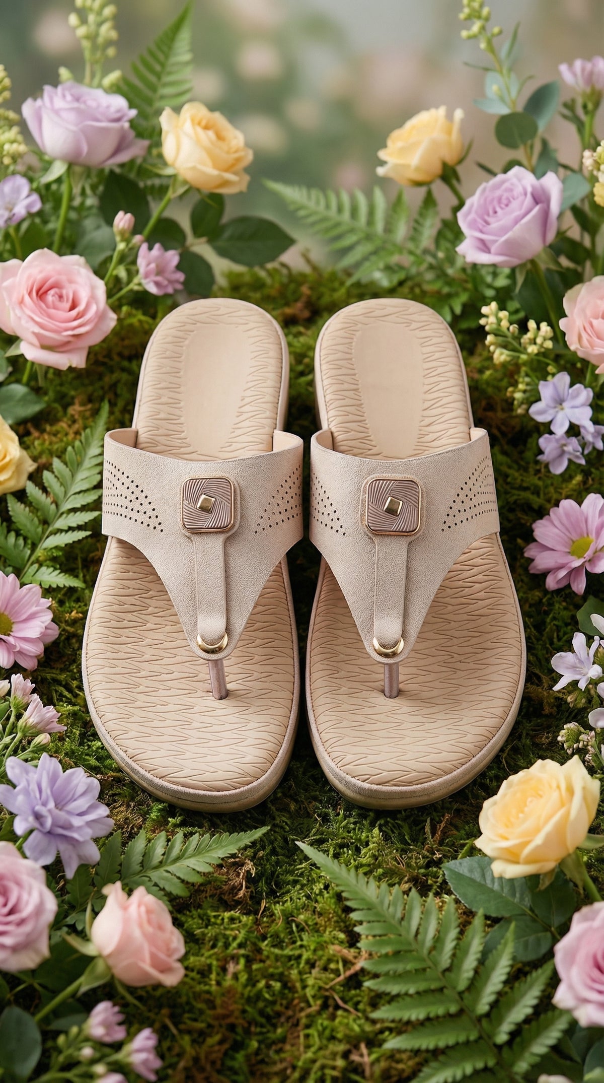 Cloudsoft Beige Cushioned T-Strap Slide – Close Up Detail by Radiarte