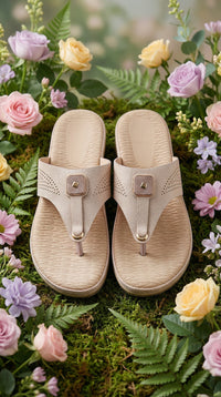 Cloudsoft Beige Cushioned T-Strap Slide – Close Up Detail by Radiarte
