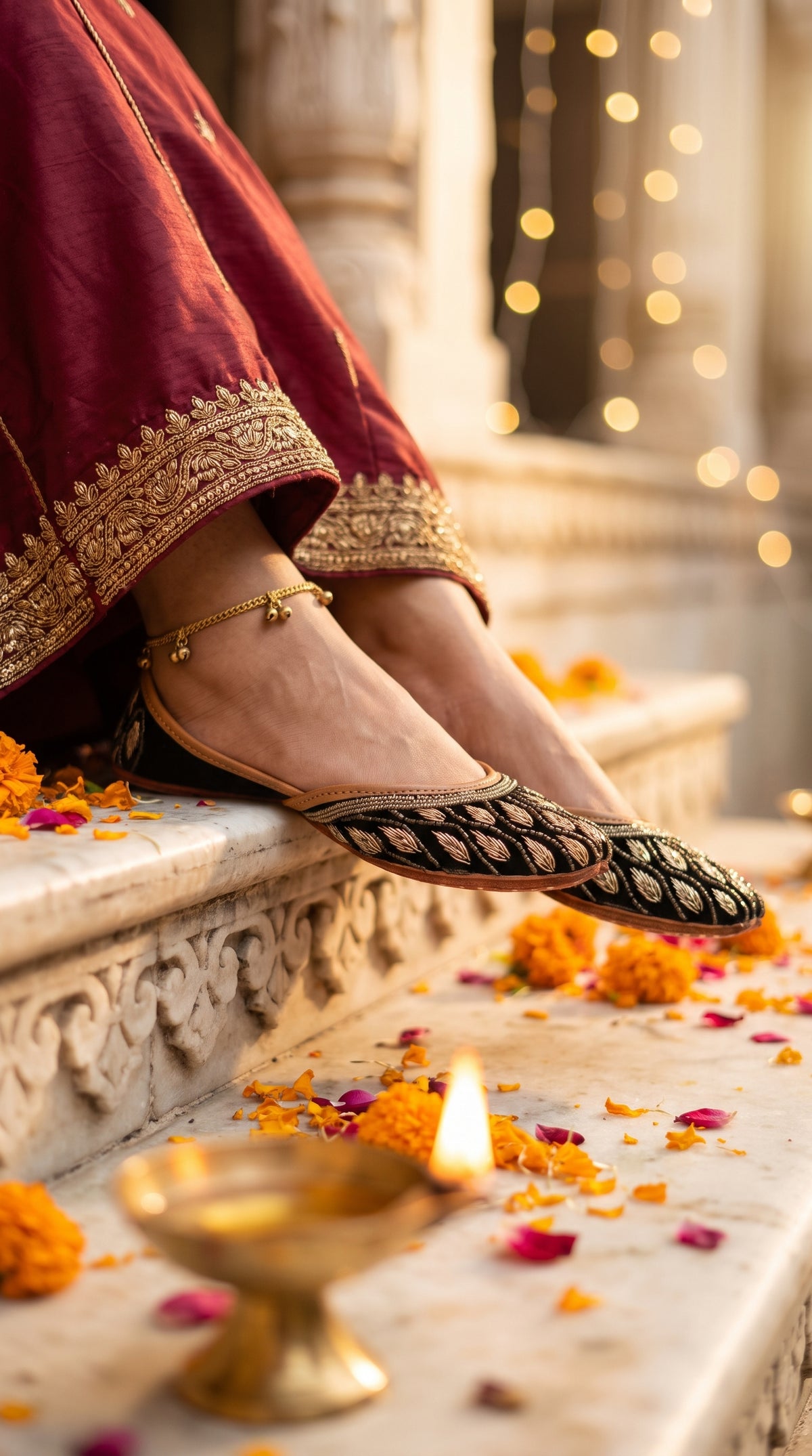 Model wearing Shabnoor black gold juttis with maroon lehenga