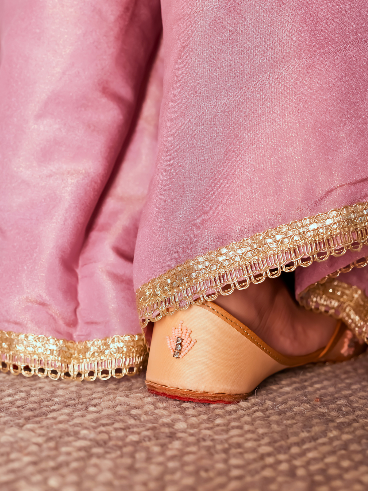 Gulroshan Light Pink Jutti – Handcrafted Leather & Satin with Bead & Stone Embellishments