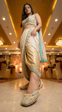 Inaya Ivory Pearl Turquoise Jutti worn with Gold Bridal Lehenga – Radiarte