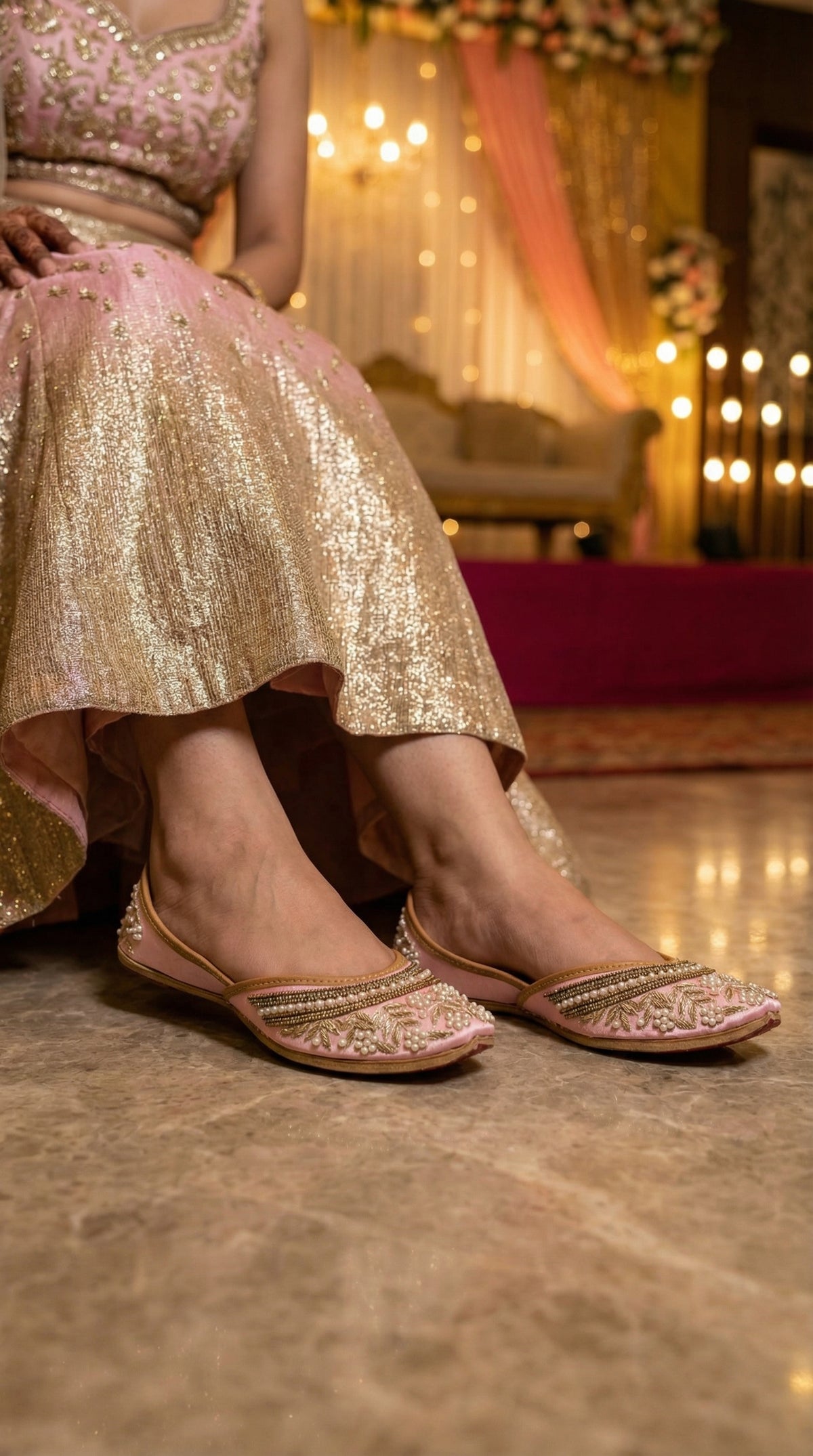 Nazakat Baby Pink Pearl Zardozi Jutti worn with Pink Gold Lehenga at Wedding Venue – Radiarte