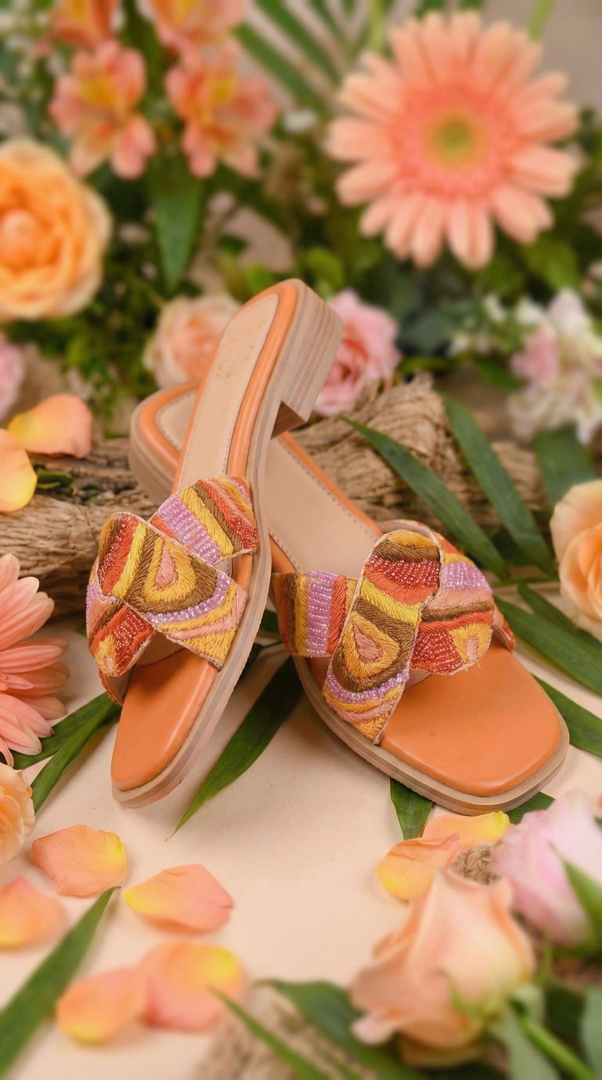 Gulnaar Handcrafted Multicoloured Embroidered Slide – Angled View by Radiarte