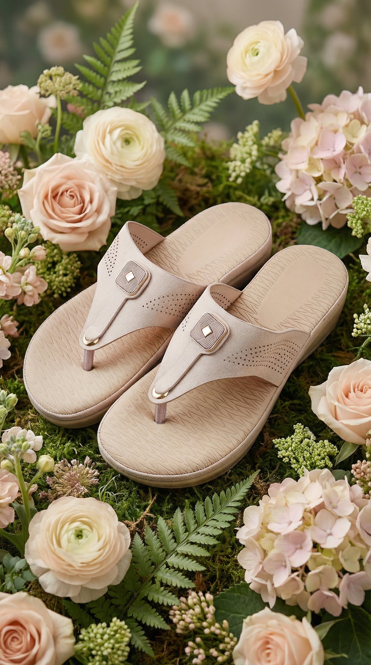 Cloudsoft Beige Cushioned T-Strap Slide – Garden Flat Lay with Roses by Radiarte