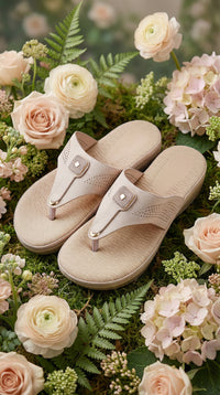 Cloudsoft Beige Cushioned T-Strap Slide – Garden Flat Lay with Roses by Radiarte