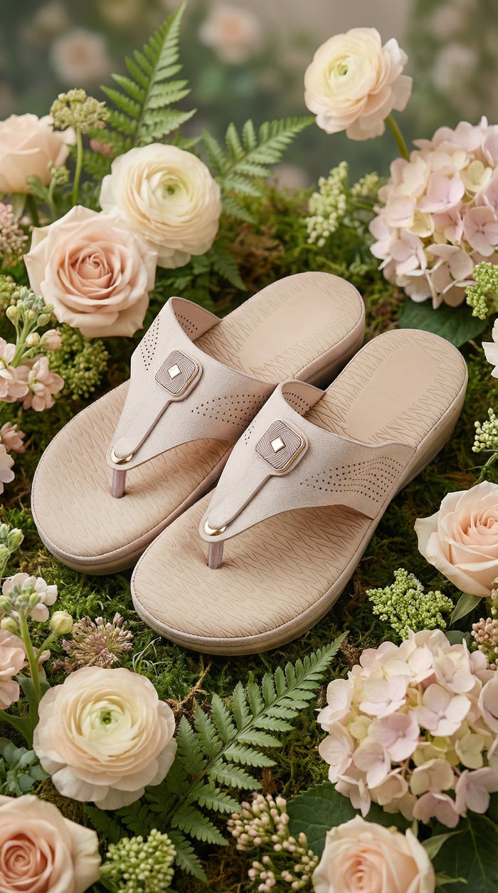 Cloudsoft Beige Cushioned T-Strap Slide – Garden Flat Lay with Roses by Radiarte