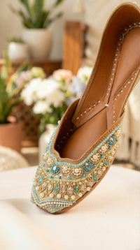 Inaya Handcrafted Jutti with Pearl Clusters & Turquoise Beads – Close Up by Radiarte