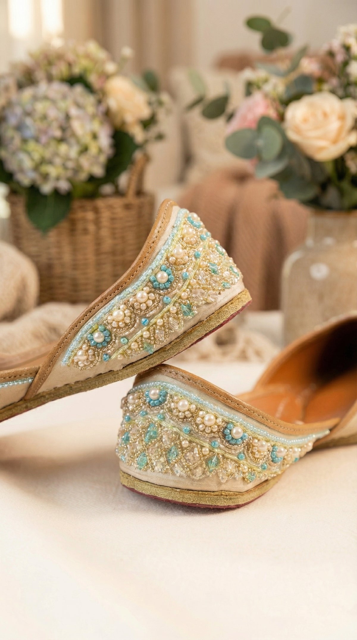 Inaya Ivory Pearl Jutti Pair with Gold Zardozi Work – Flat Lay by Radiarte
