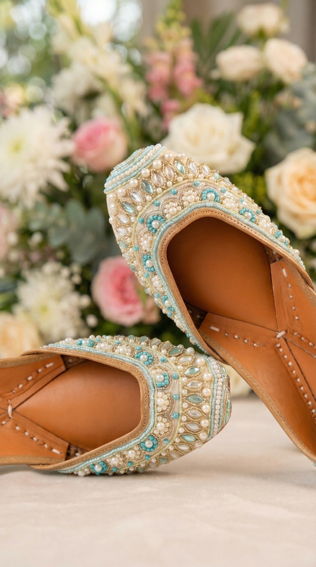 Inaya Bridal Jutti with Turquoise Beads & Pearls – Floral Backdrop by Radiarte