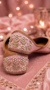 Nazakat Baby Pink Pearl Jutti Pair – back View with Candlelight & Pink Velvet by Radiarte