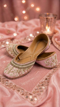 Nazakat Pink Pearl Zardozi Jutti – Flat Lay on Pink Velvet with Candles & Mirror Work Dupatta by Radiarte