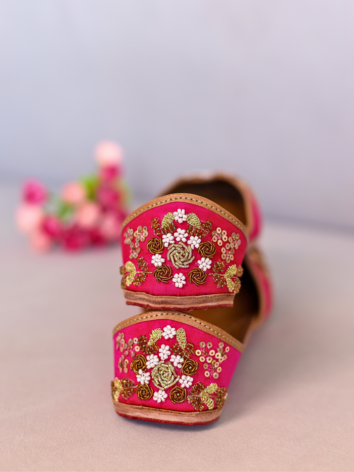 Jugnu Hot Pink Jutti – Handcrafted Leather Jutti with Zari, Beads & Sequin Embellishment