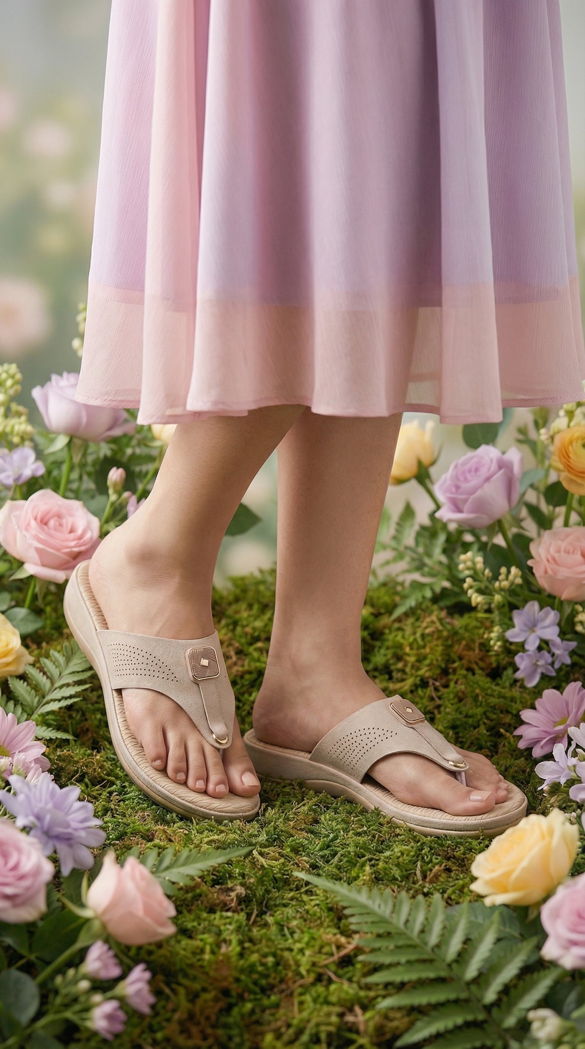 Cloudsoft Beige T-Strap Comfort Slide worn with Pink Dress – Radiarte