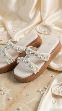 Bliss White Silver Pearl Flatform Sandal – Close Up Detail by Radiarte