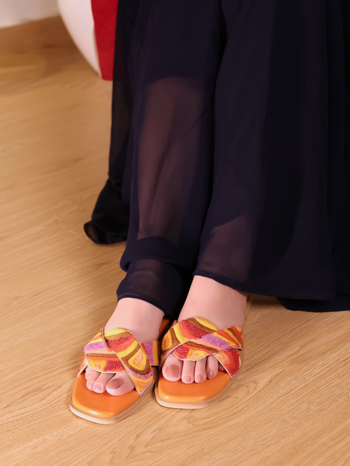 Gulnaar Orange Slides (Heels) - Canvas Upper, Bead Embellishments, Comfortable Block Heel for Women