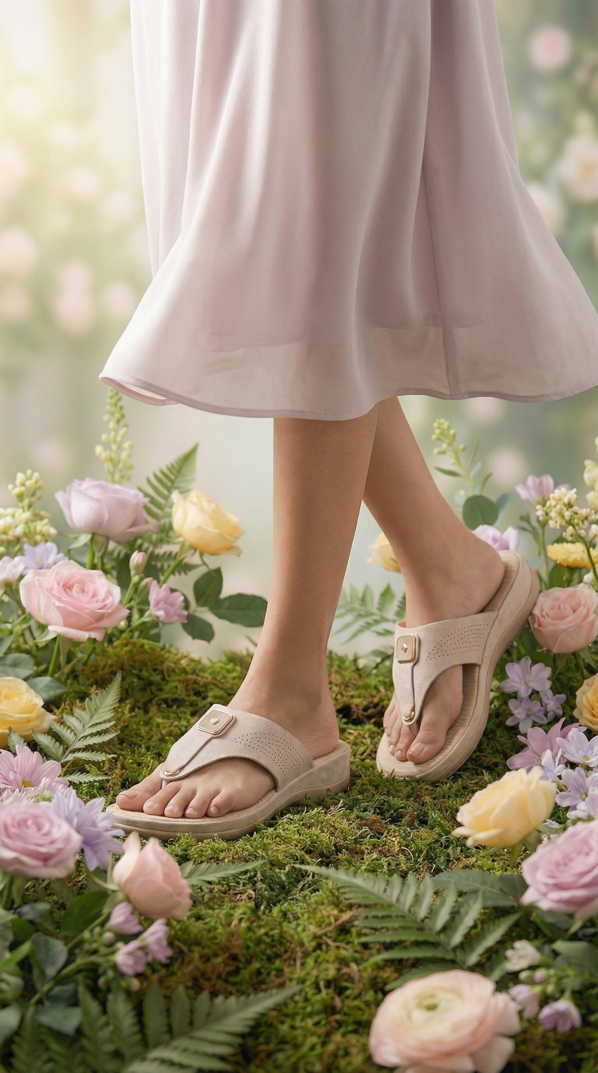 Cloudsoft Beige Comfort Slide Side View worn with Floral Dress – Radiarte