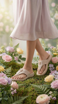 Cloudsoft Beige Comfort Slide Side View worn with Floral Dress – Radiarte