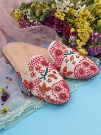 Pinkadoodle Off-White & Pink Silk Mules