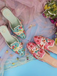 Pinkadoodle Off-White & Pink Silk Mules