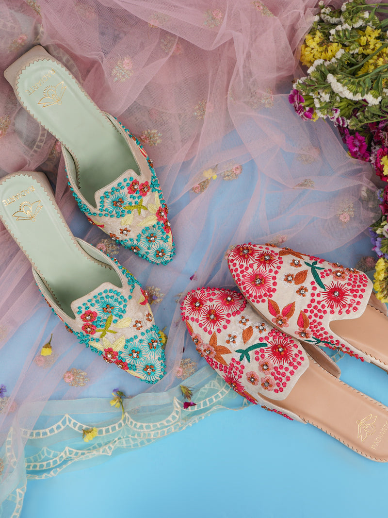 Pinkadoodle Off-White & Pink Silk Mules