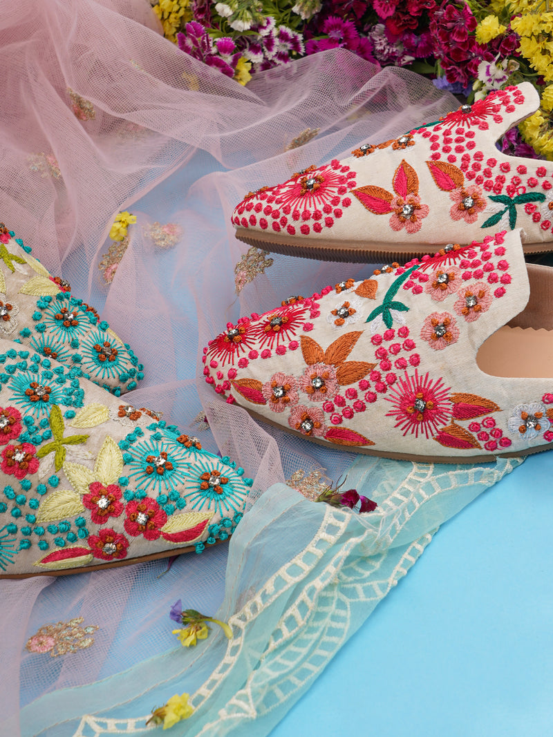 Pinkadoodle Off-White & Pink Silk Mules