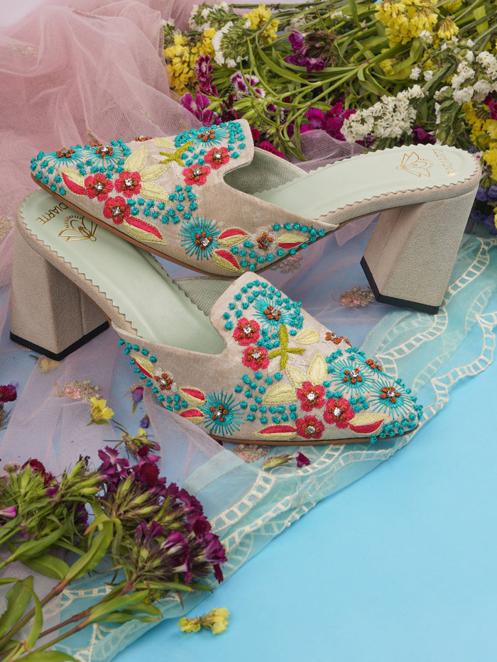 Mayuri Pista Raw Silk Mules Heels – 3-Inch Block Heel, Cushioned Footbed, Stone & Thread Detailing