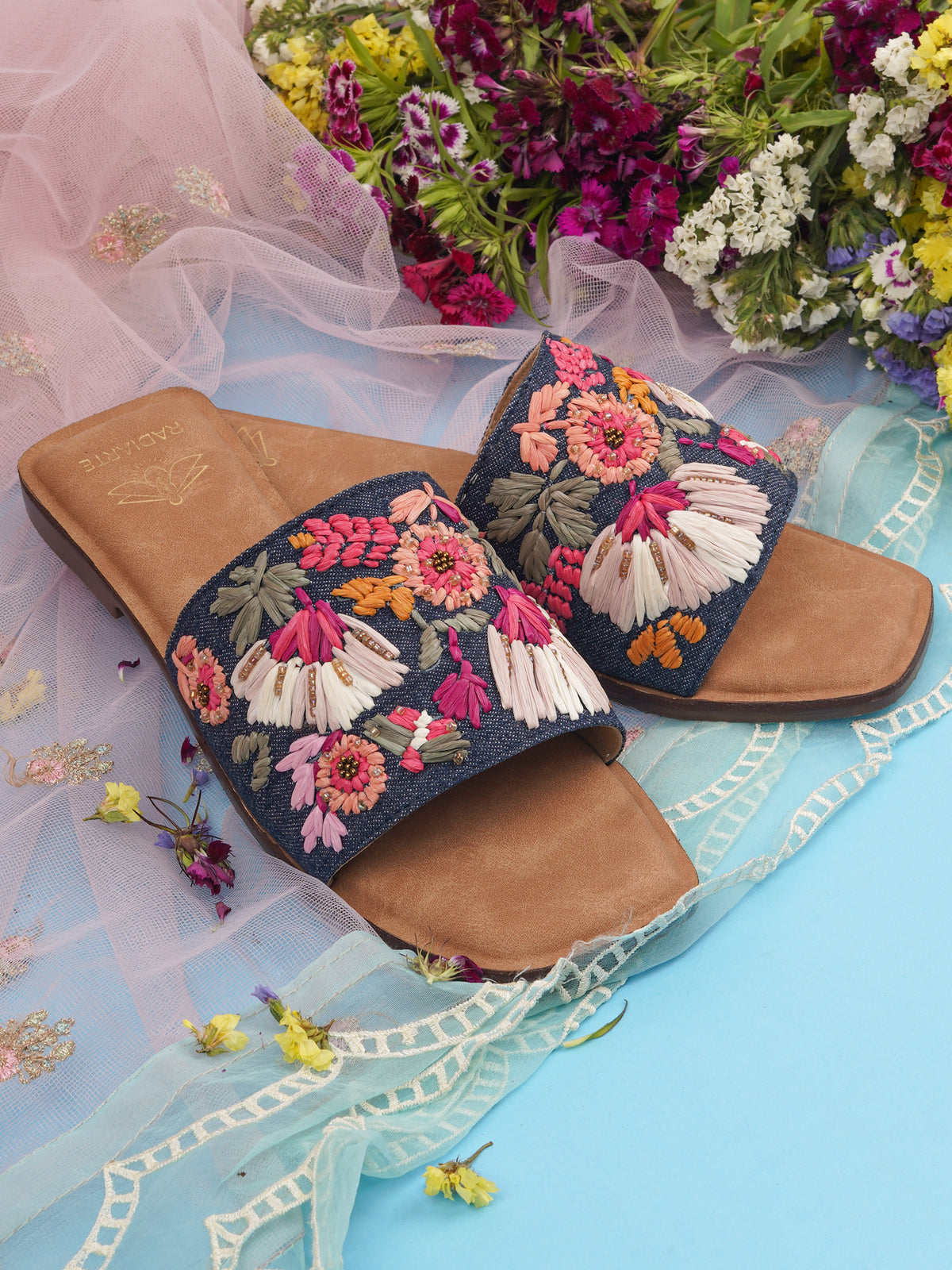 Rangrez Navy Blue Slides for Women - Denim Upper, Beaded Detailing, Cushioned Footbed & TPR Outsole