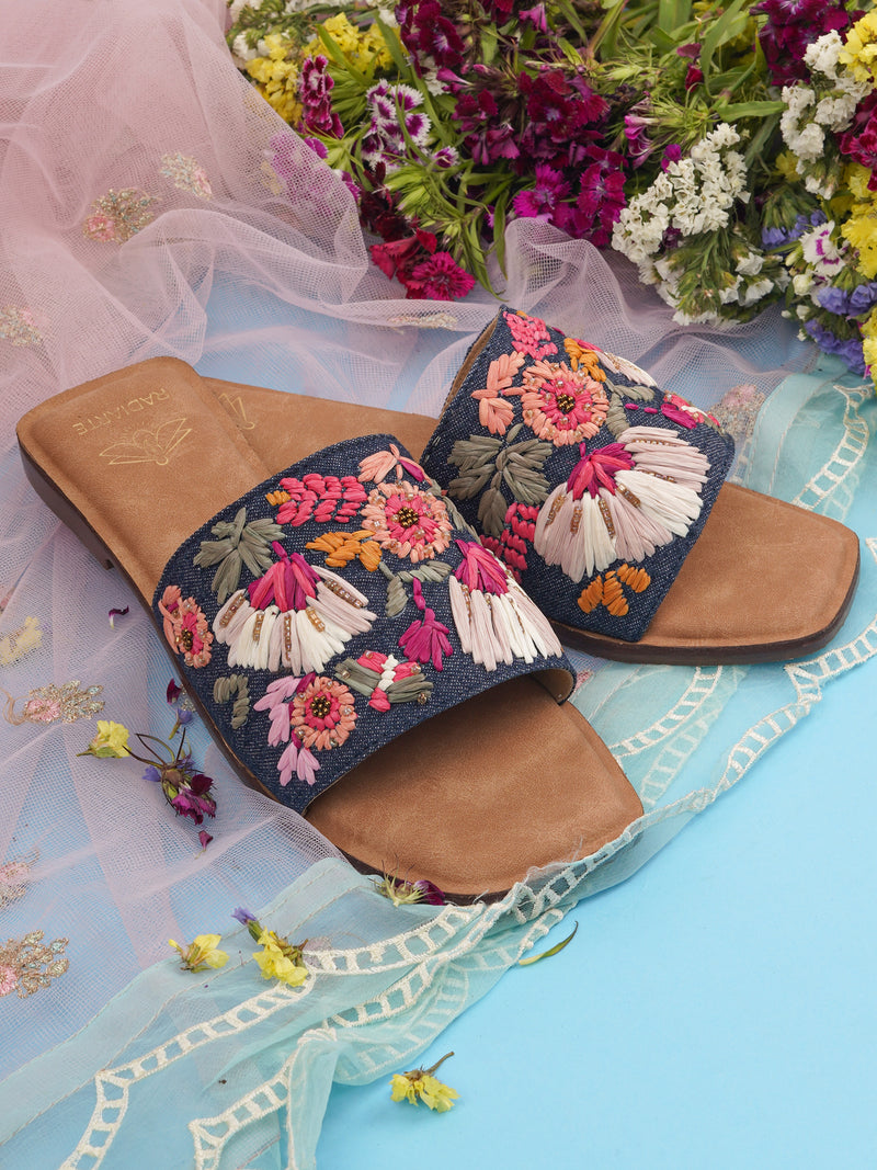 Rangrez Navy Blue Slides for Women - Denim Upper, Beaded Detailing, Cushioned Footbed & TPR Outsole