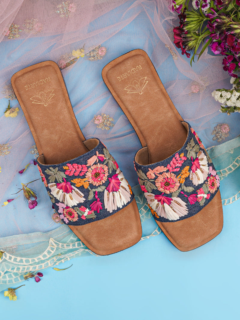 Rangrez Navy Blue Slides for Women - Denim Upper, Beaded Detailing, Cushioned Footbed & TPR Outsole